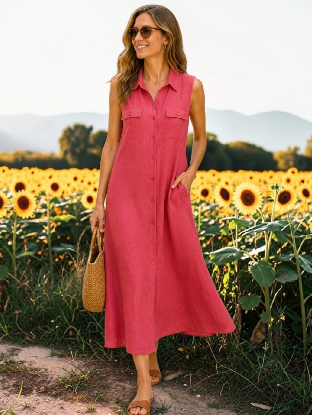 Style & Co Linen Blend Maxi Shirt Dress 16W Sleeveless Button Front Closure